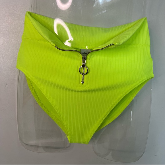 NEW Revamped Ribbed High Rise Bikini Bottoms Front Zip in Neon Yellow Size S - Picture 4 of 6